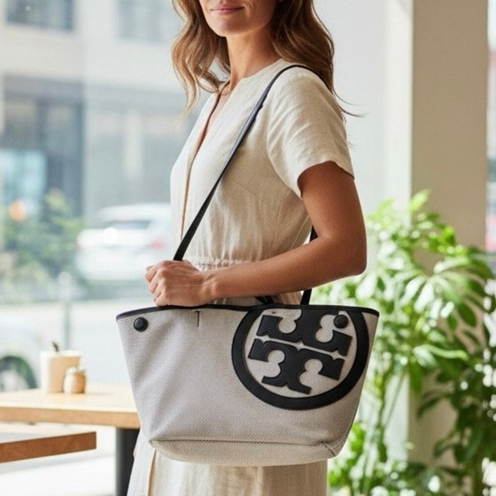 Tory Burch Lonnie Large Perforated Canvas Mesh Logo Tote Bag White Black - Picture 2 of 12